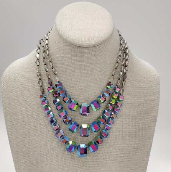 Vintage Jewelry - Peacock AB Aurora Borealis Glass Crystal Bead Necklace Vintage Watermelon Color